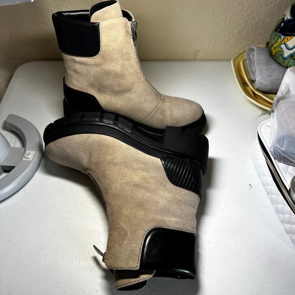 SASHA Womens Brown Suade Black Trim Ankle Boots Size 7M Zippered Block Heel